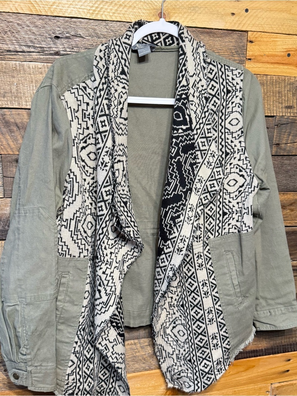 Natural Reflections Open Front Jacket Olive Green Aztec Trim Waterfall